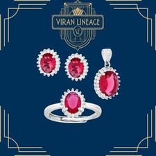 Parure Collana Anello Pendente Orecchini Rosso Rubino in Argento e Zirconi Nuovo