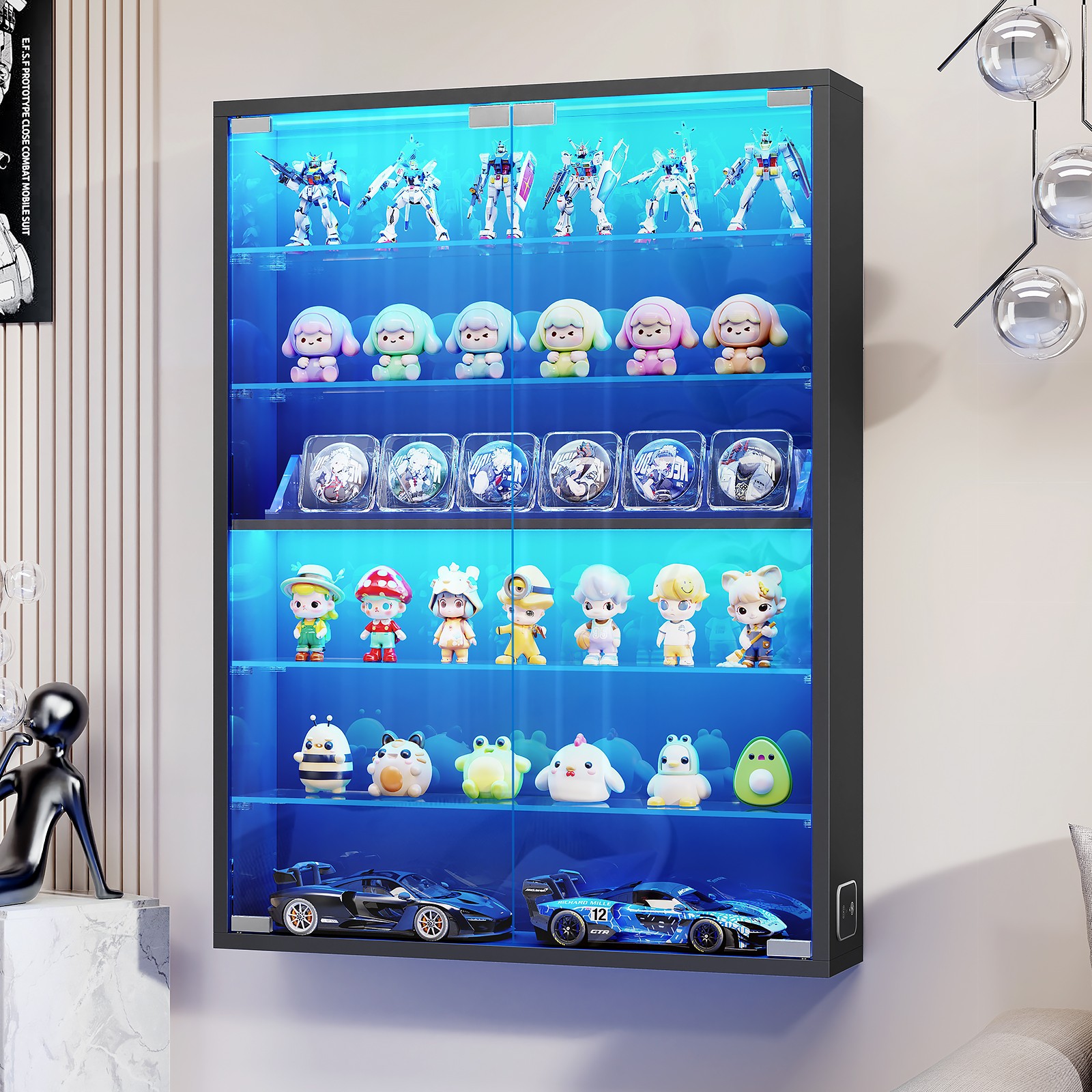 6-Tier Wall-Mounted Display Cabinet LED Lighted Case w/ Adjustable Glass Shelves