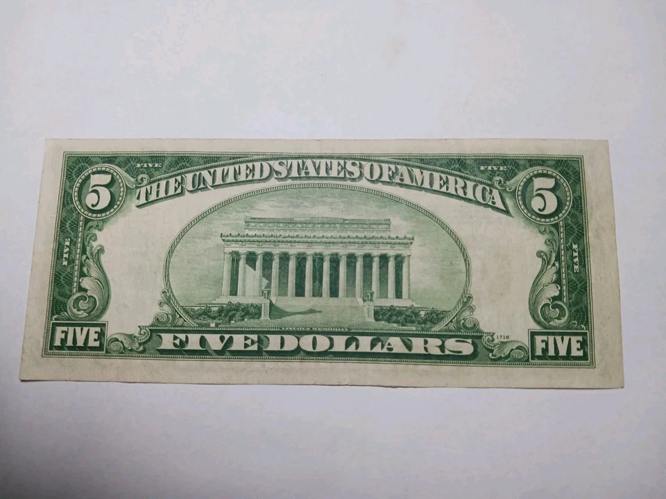 1934 A Green Seal $5.00 Dollar  Federal Reserve Note FRN Philadelphia Nice - Image 2 of 4