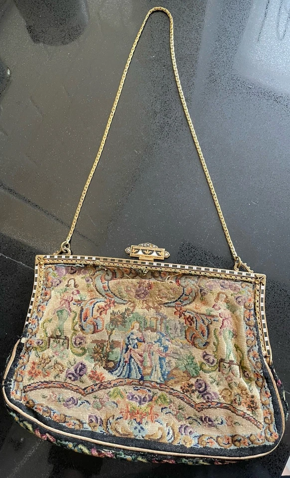 Linda bolsa de noite antiga dourada com moldura de idade bordada tapeçaria - Imagem 2 de 4