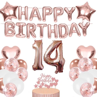 Ballon 14e anniversaire décoration fille or rose ballon aluminium or rose 14 ... - Photo 1/4