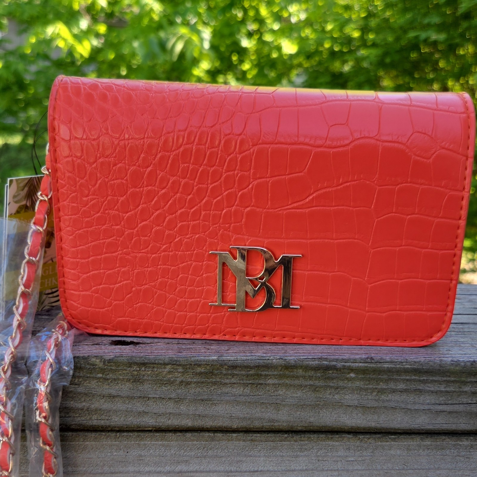 Badgley Mischka Crossbody Bag Orange Crocodile Embossed Gold Chain Strap