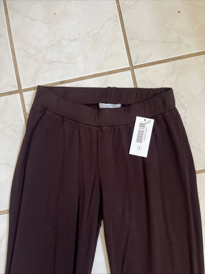VERTIGO PARIS ¡NUEVO CON ETIQUETAS! ¡VINTAGE! Pantalones de punto rayón acampanados marrón oscuro talla S Foto 2 de 4