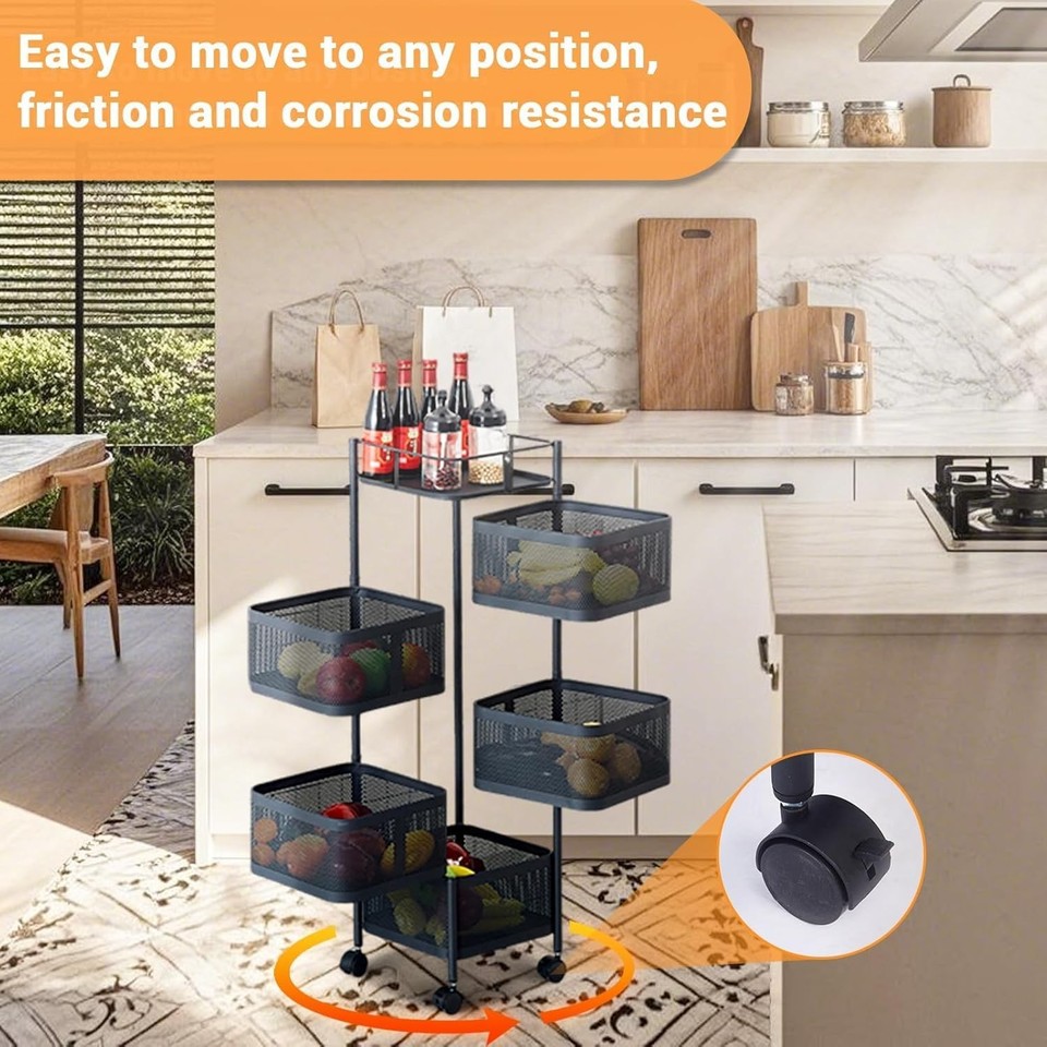 5 Tier Rotating Kitchen Storage Rack Rolling Utility Cart with Metal ...