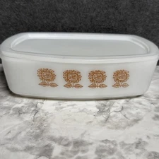 MCM Federal Milk Glass Loaf Pan/Refrigerator Dish W/ Sunflower Vintage With Lid!