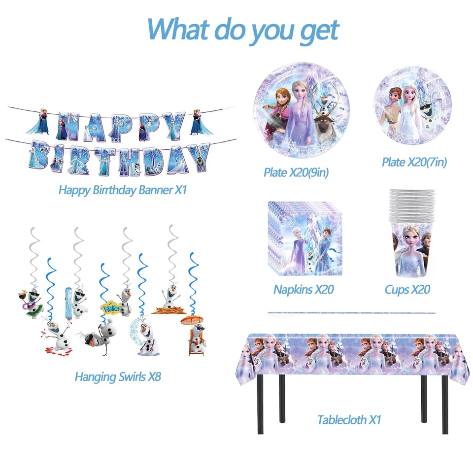 90 Psc Frozen Party Supplies Set, Pink Theme, with Banner, Plates, Cups, Uten... - Image 2 of 4