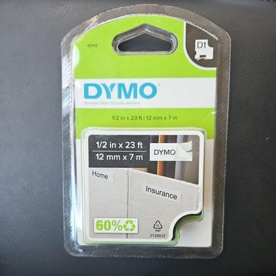 New Dymo D1 Label Cartridge 1/2'' x 23'' #45113, Black Print on White Label