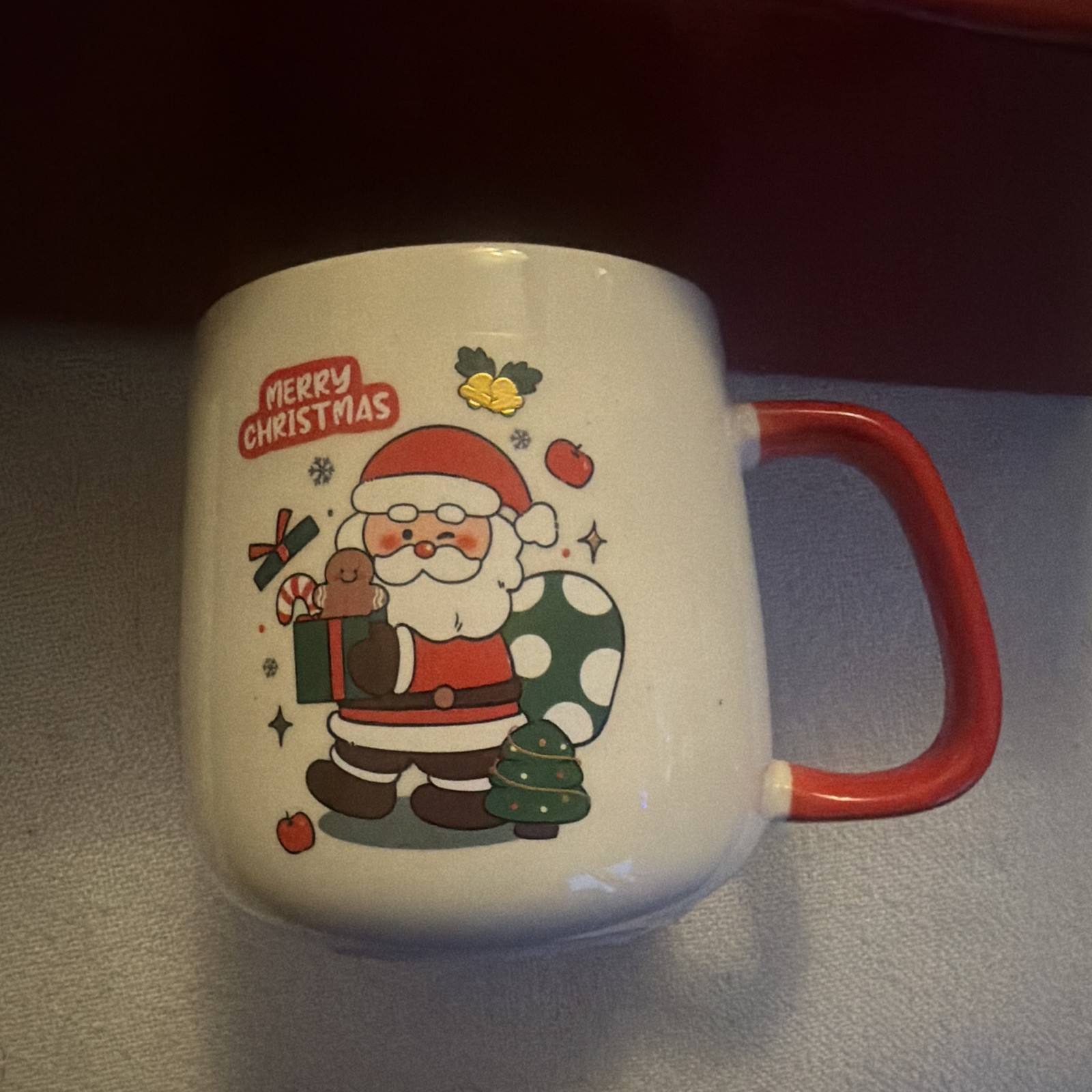 Christmas Santa Claus Ceramic Mug with Red Handle & Wooden Lid Set image 2