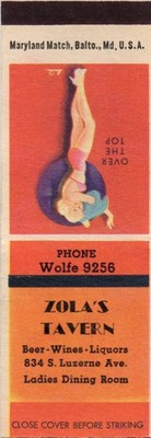 Matchbook Cover Over The Top Zola's Tavern