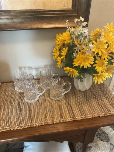 Crystal Coffee Mugs Cups Set of Four 8 Oz Curved Flat Handles Cut Glass Design