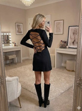 Zara Open Back Lace Up Dress Size S Black Cut Out Fitted Short Backless Dress