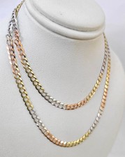 Real Solid 4mm 14k Gold Chain Necklace Tri Color Cuban Curb Link 18-28 Inch