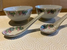 Vintage TWO Chinese Rice/Soup Bowls with Spoons