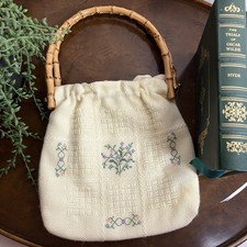 Vintage Floral Embroidered Purse Handbag Bamboo Handles Handmade Cottagecore
