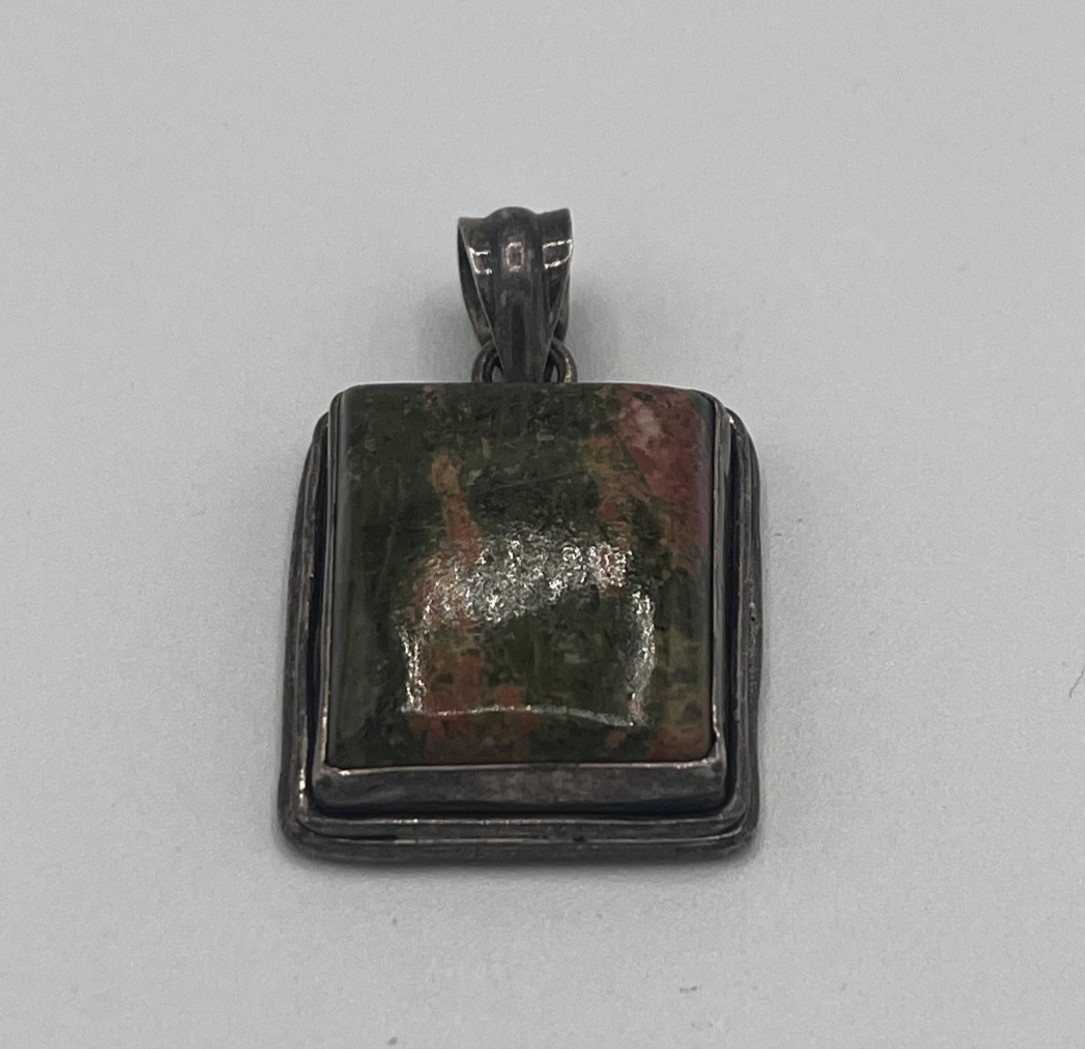 Sterling Silver Hand Tooled Natural Heliotrope Agate Bloodstone Artisan Pendant