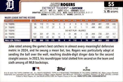 2025 Topps Serie 1 Jake Rogers Detroit Tigers #55 Lámina Arco Iris - Imagen 2 de 2