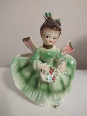 Vtg 1950s Inarco Girl Planter Green Dress Basket of Flowers MCM Ceramic Vase 6''H