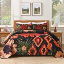 Floral Boho Quilt King Size Bedding Set Black, 3 Pieces Farmhouse Flower Bota...