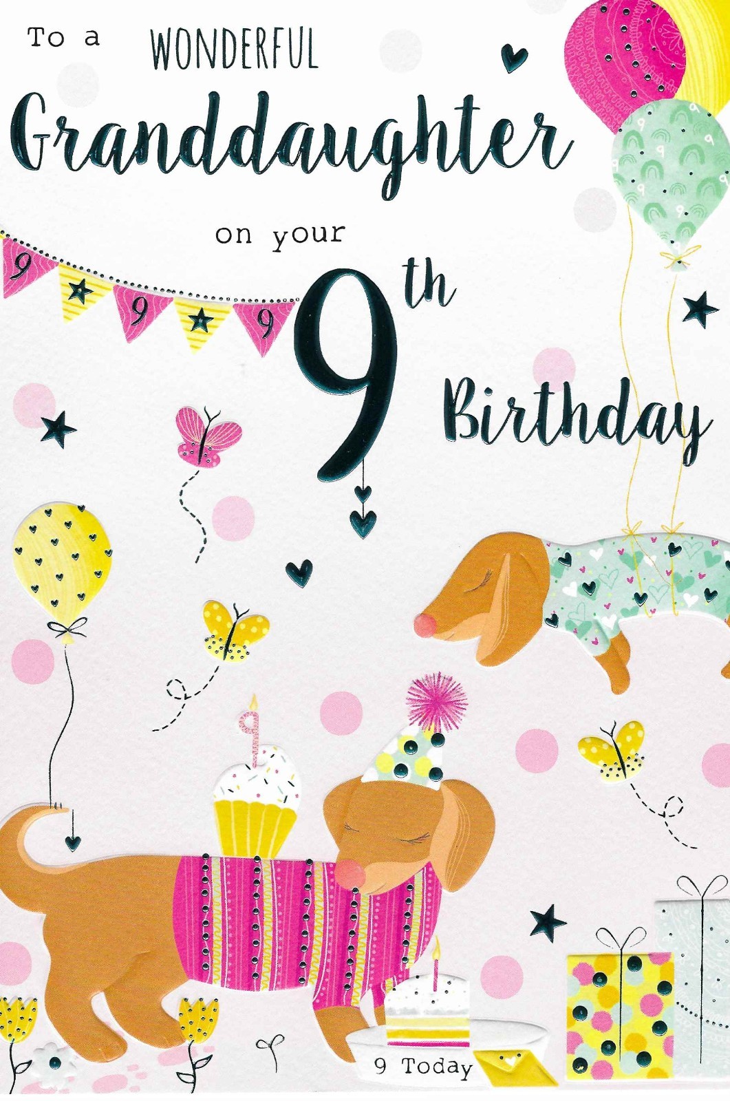 Birthday Card GRANDDAUGHTER 9th 9. **Foil embossed 9"" Card, Paper pages inside**