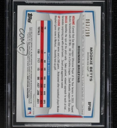 2014 Bowman 1st Prospect Rookie /199 Green Paper #BP109 Mookie Betts RC SP BGS 9 view 15