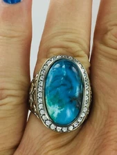 Genuine 10 CT Kingman Turquoise & Natural White Zircon Silver Ring Size 6.75 #4
