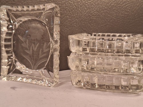 Crystal Cut Glass Ashtrays Lot Of 12 Etched Flower Bottom READ DESCRIPTION - Picture 4 of 12