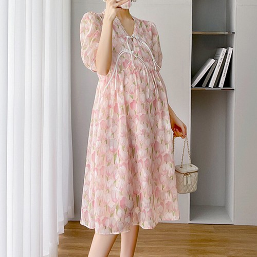 Pregnant Women Tulip Printed Chiffon Dress Floral V Neck Puff Sleeve Loose Midi - Picture 8 of 12