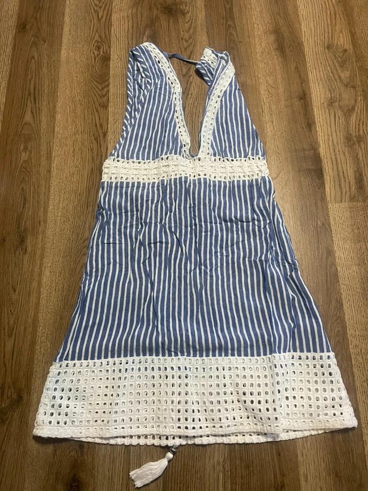 Vestido Blue Island, Para Mujer Pequeño, Azul Blanco, Rayas, Sin Mangas, Cuello Sobrepelliz Foto 2 de 4