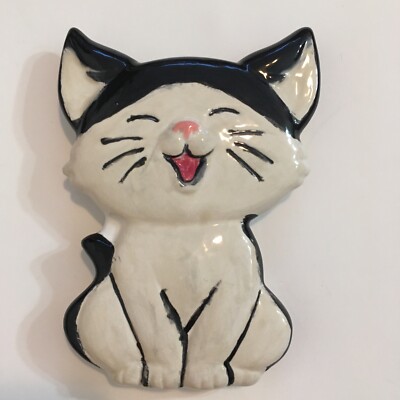 Cute Laughing Cat Kitten Ceramics Signed SB S B Black White Pink Nose Wall Decor
