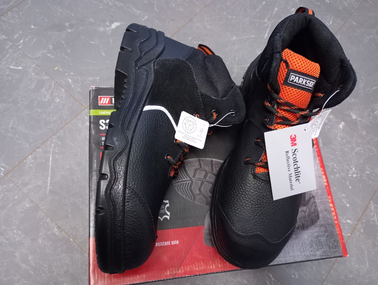 PARKSIDE S3 LEATHER SCOTCHLITE WATERPROOF SAFETY BOOTS SIZE UK 9 EUR 43