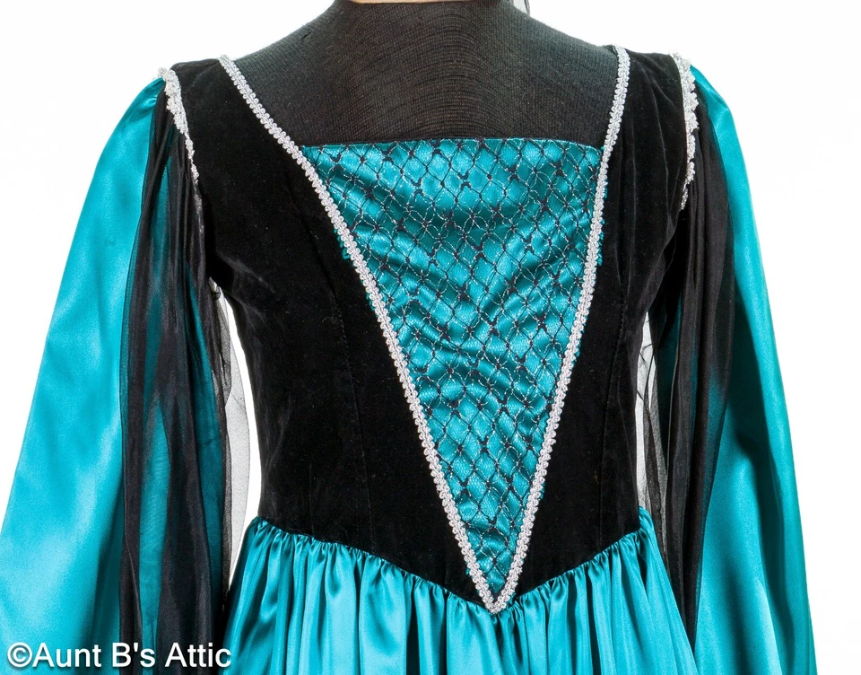 Vestido de doncella renacentista 2 piezas talla esmeralda satinado y negro terciopelo vestido y tocado Foto 2 de 4