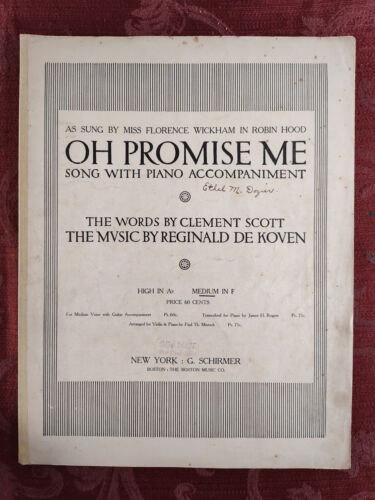RARE Sheet Music Oh Promise Me Clement Scott Reginand De Koven 1889 - Afbeelding 1 van 1