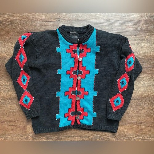 CAROLE LITTLE sweater Saint-Tropaz West vintage 80s southwest Aztec cardigan L