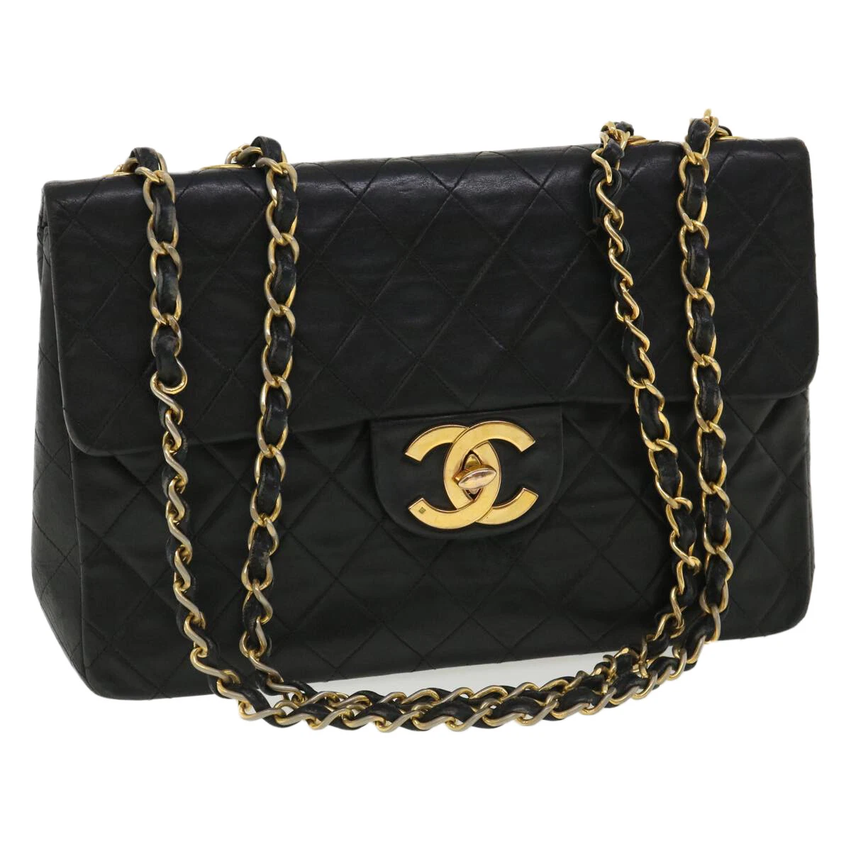 CHANEL Big Matelasse Double Chain Shoulder Bag Lamb Skin Black CC