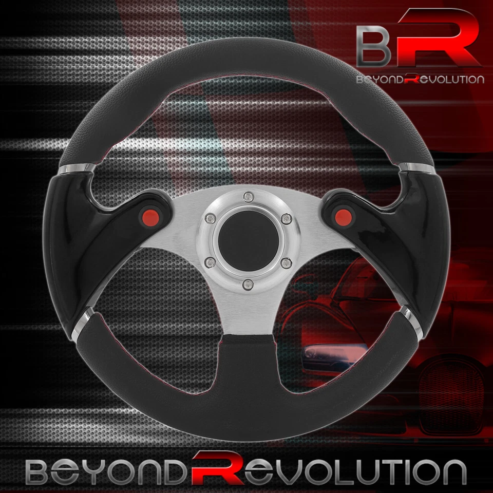 13" JDM 6-Bolt PVC Black Handle Aluminum Racing Steering Wheel +Red Dual Buttons - Image 3 of 4