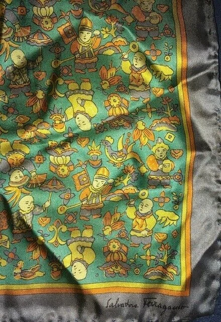 Salvatore Ferragamo Vintage 100% Silk Pocket Square/Kerchief 16 X 16 Asian Theme Foto 3 de 4