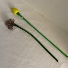 2 Blown Art Glass Flowers 19 1/2 Yellow Tulip Purple 16 Daffodil No Chips