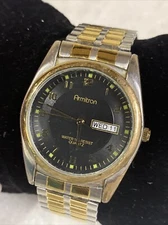 Mens Armitron 36mm Silver Gold Tone Day Date Watch Stretch Band New Battery
