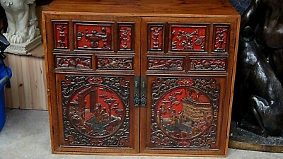 ANTIQUE19c CHINESE WOOD CARVED LACQUERED 2 -DOOR CABINET W/ 5