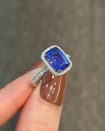 Cushion 2.42 Ct Natural Tanzanite & Diamond Engagement Ring Solid 14K White Gold - Picture 3 of 7