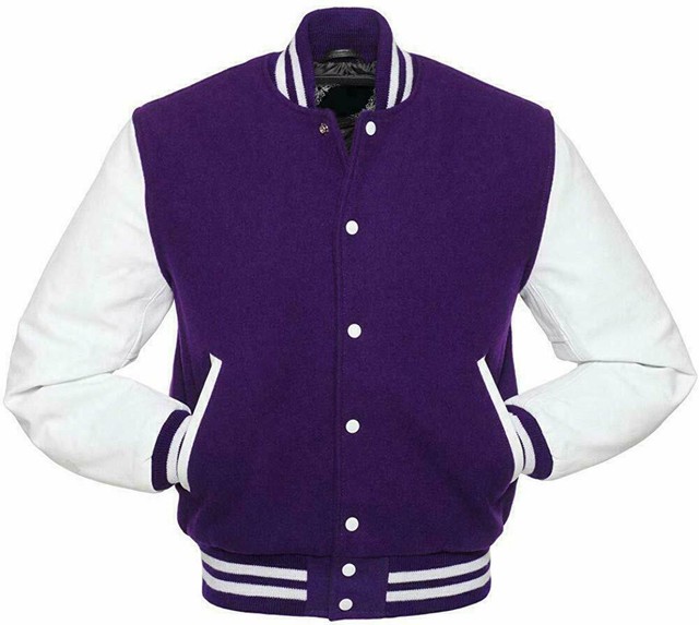 Men's Varsity Jacket White Genuine Leather Sleeve Purple Wool Blend Letterman | eBay