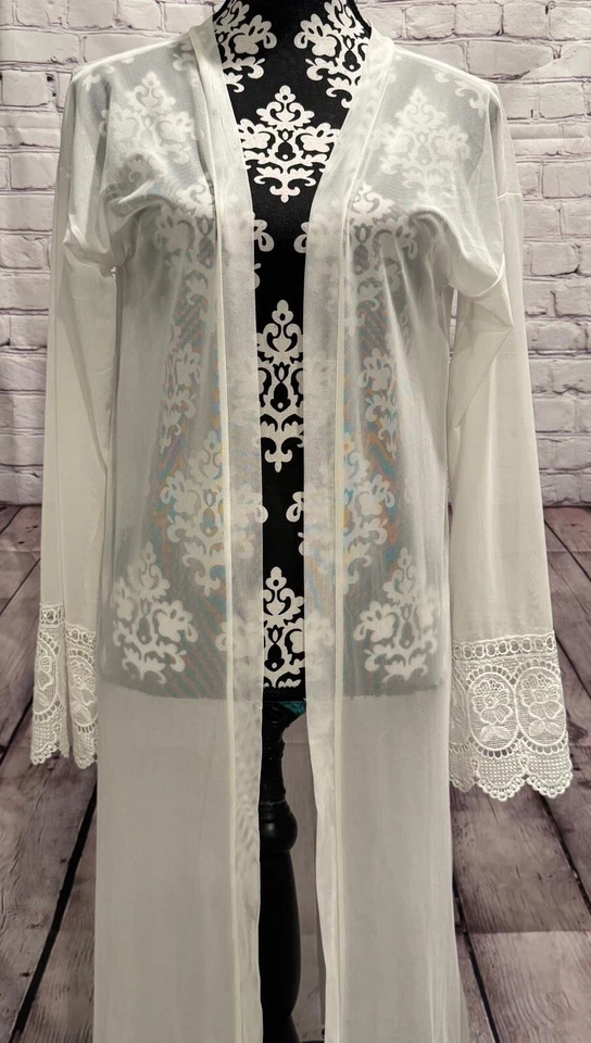 BOOHOO Mujer Marfil Bordado Transparente Bordes de Encaje Frente Abierto Playa Kimono S Foto 2 de 4