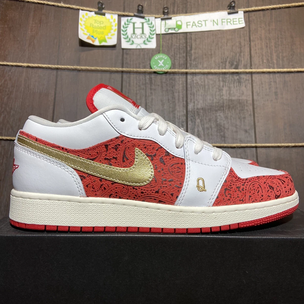 Red white cheap gold jordans