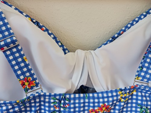 Lands End Sz 8DD Lycra Swim Top Blue Gingham w Flowers Underwire Cups V Neck - Picture 13 of 13