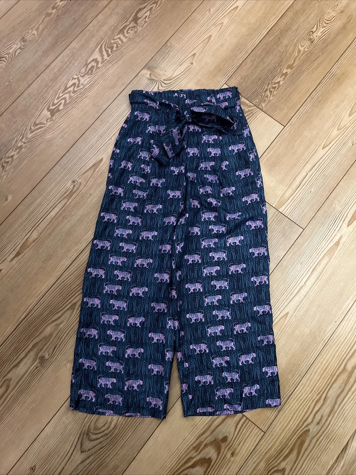 Pantalones Bengal Tiger J Crew Talla 0 Turquesa Azul Marino Púrpura 100% Seda Estampado Pierna Ancha