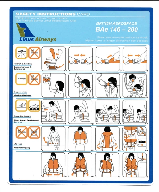 Safety card Linus Airways British Aerospace BAe 146-200 - Photo 1/1