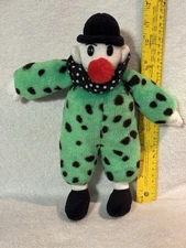 Vintage Green Polka Dot Clown Plush Doll 12” Black Hat Red Nose Bow Tie Toy