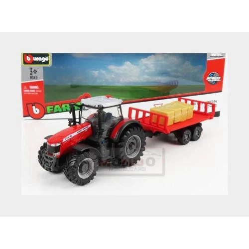 1:50 BURAGO Massey Ferguson 8740S Tractor With Trailer 2016 Red BU31675 Model - Image 2 of 2