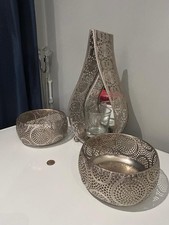 Silver Engraved Mirrored Candle Lantern 40cm with 2 Metal Bowls Decor