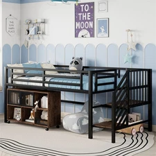 Twin Size Metal Low Loft Bed with Storage Cubby & Storage Stairs for Kids,Black